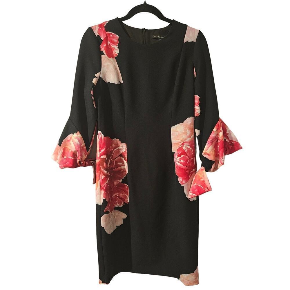 Black Halo Black Red and Floral Half Sleeve Cocktail Sheath Dress Size 8